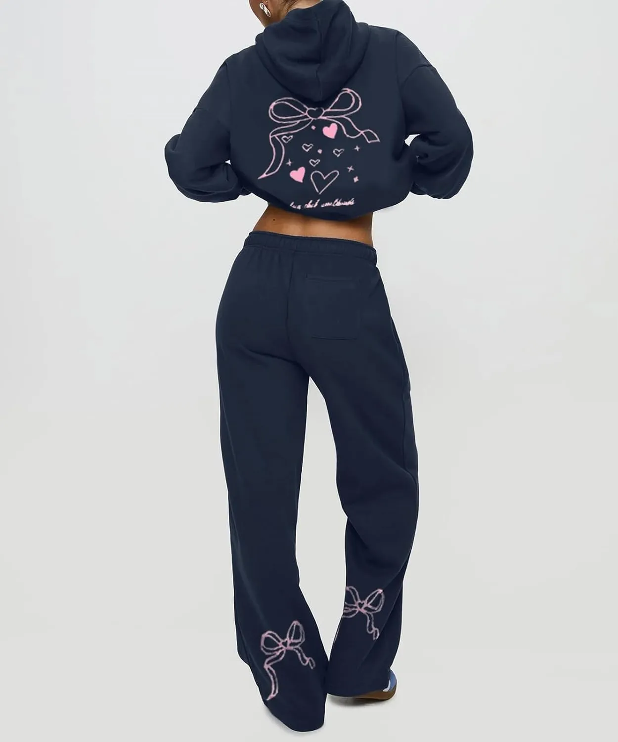 Women Bow Print Sweat Set Teen Girl 2 Piece Long Sleeve Oversized Hoodie Wide Leg Sweatpants Matching Tracksuit