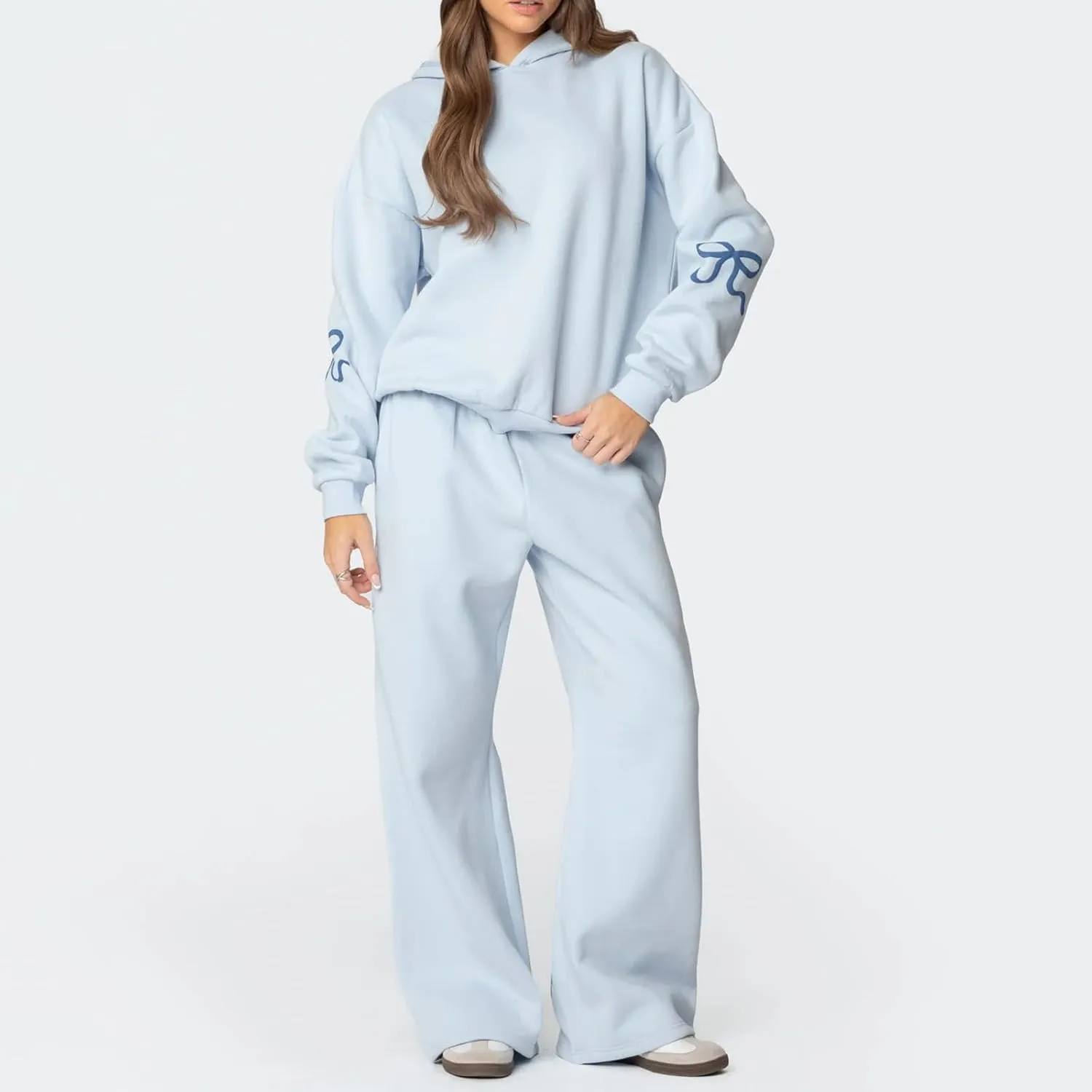 Women Bow Print Sweat Set Teen Girl 2 Piece Long Sleeve Oversized Hoodie Wide Leg Sweatpants Matching Tracksuit