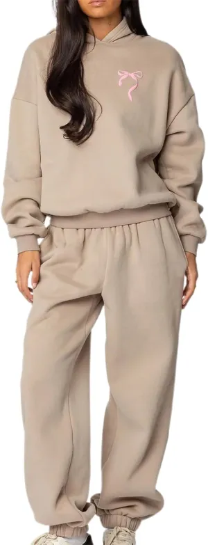 Women Bow Print Sweat Set Teen Girl 2 Piece Long Sleeve Oversized Hoodie Wide Leg Sweatpants Matching Tracksuit