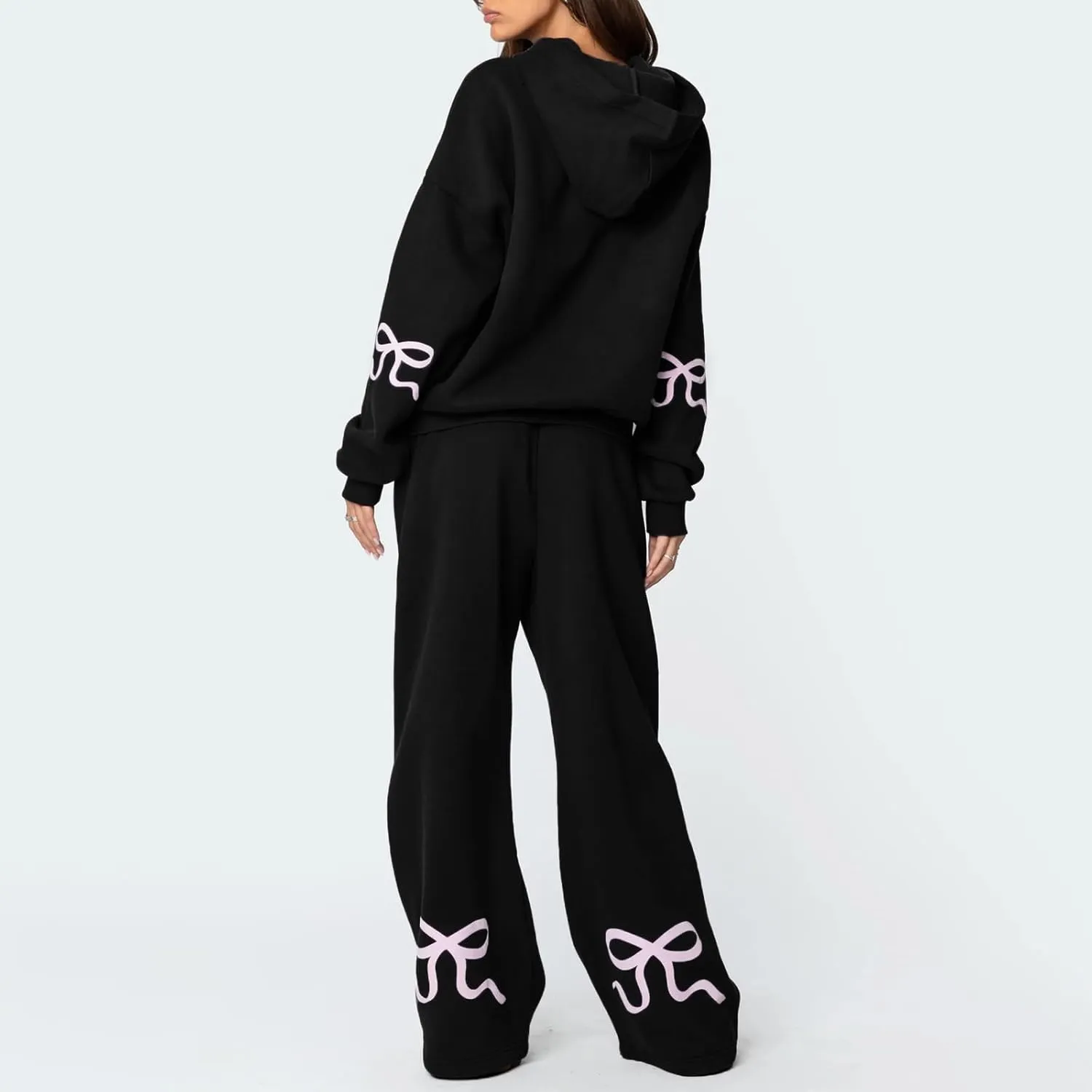 Women Bow Print Sweat Set Teen Girl 2 Piece Long Sleeve Oversized Hoodie Wide Leg Sweatpants Matching Tracksuit