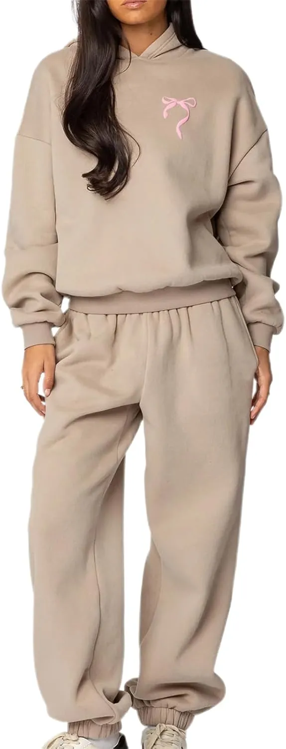Women Bow Print Sweat Set Teen Girl 2 Piece Long Sleeve Oversized Hoodie Wide Leg Sweatpants Matching Tracksuit