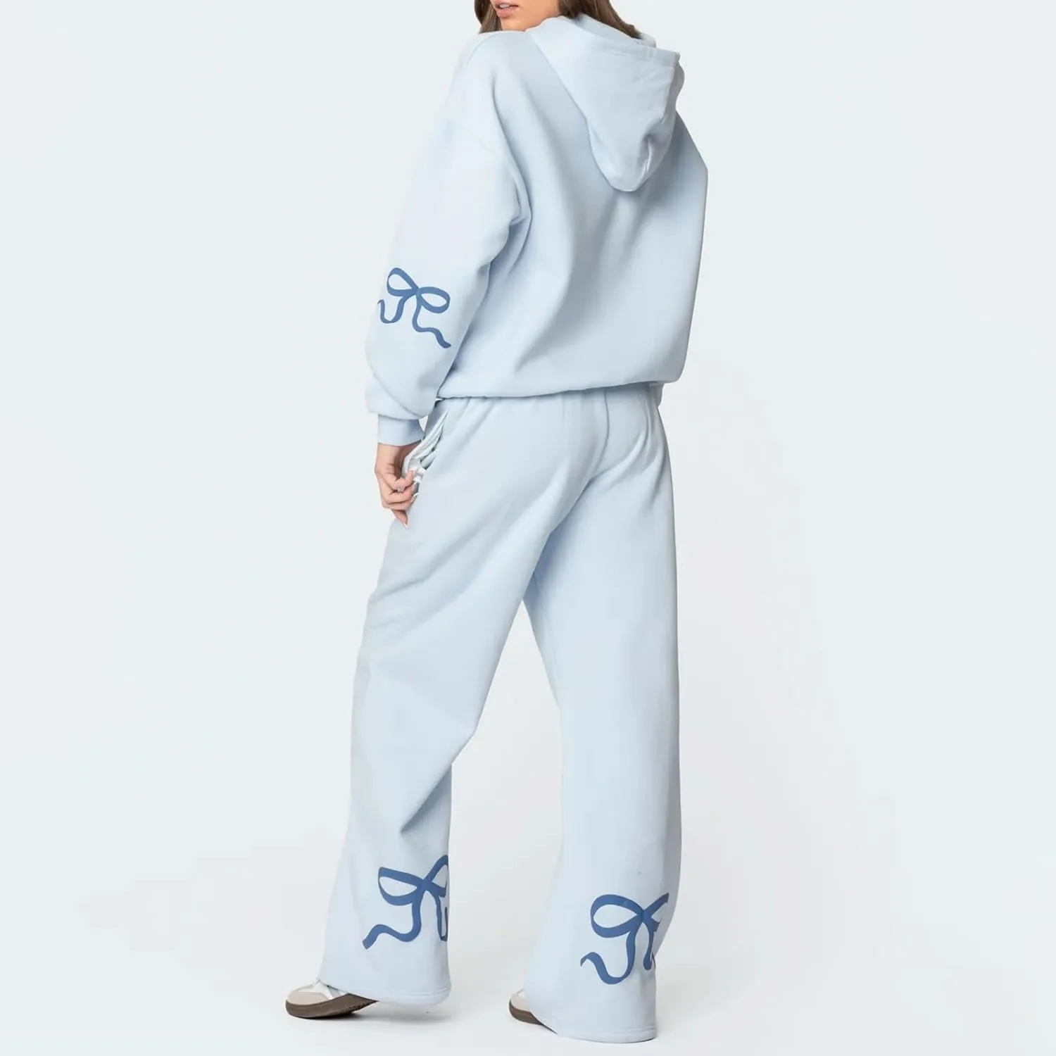 Women Bow Print Sweat Set Teen Girl 2 Piece Long Sleeve Oversized Hoodie Wide Leg Sweatpants Matching Tracksuit