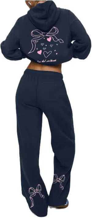 Women Bow Print Sweat Set Teen Girl 2 Piece Long Sleeve Oversized Hoodie Wide Leg Sweatpants Matching Tracksuit