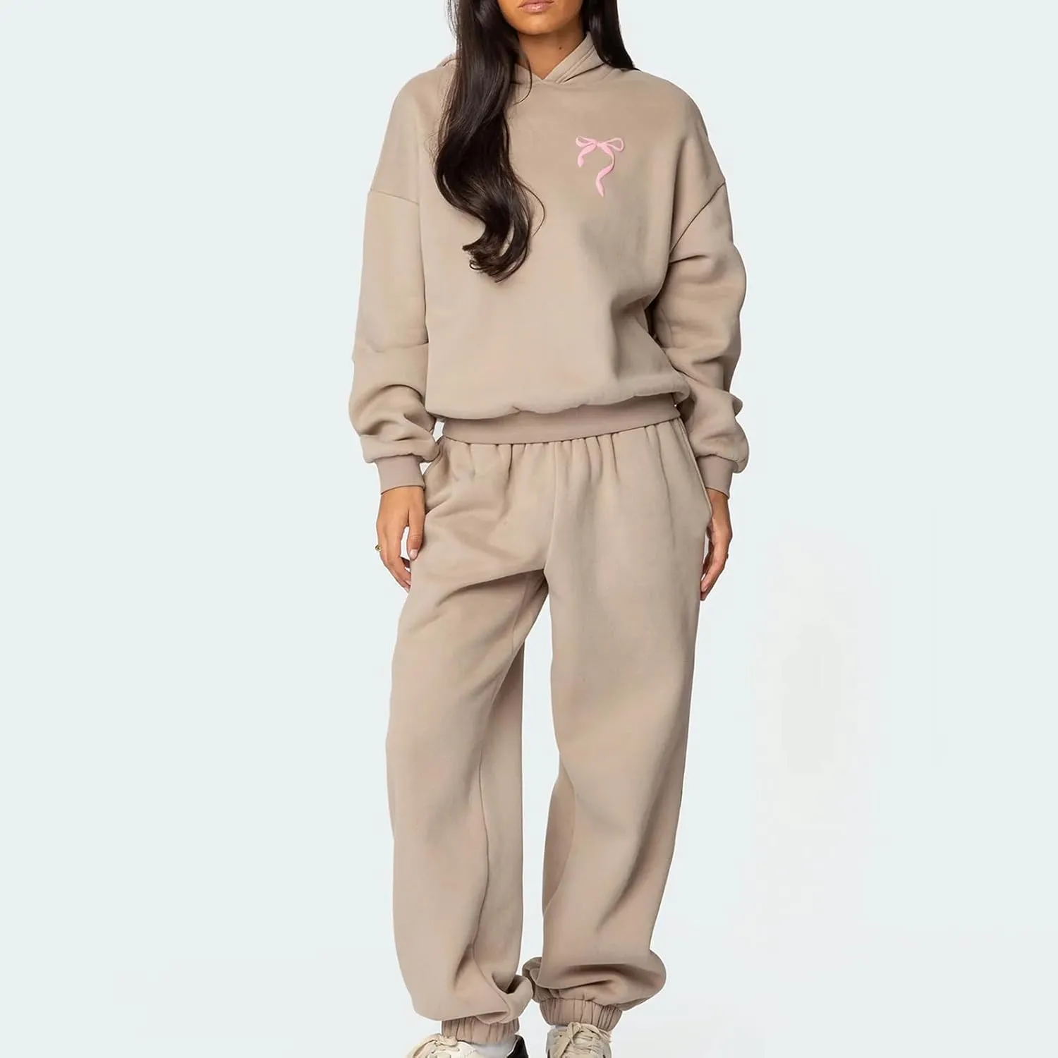 Women Bow Print Sweat Set Teen Girl 2 Piece Long Sleeve Oversized Hoodie Wide Leg Sweatpants Matching Tracksuit