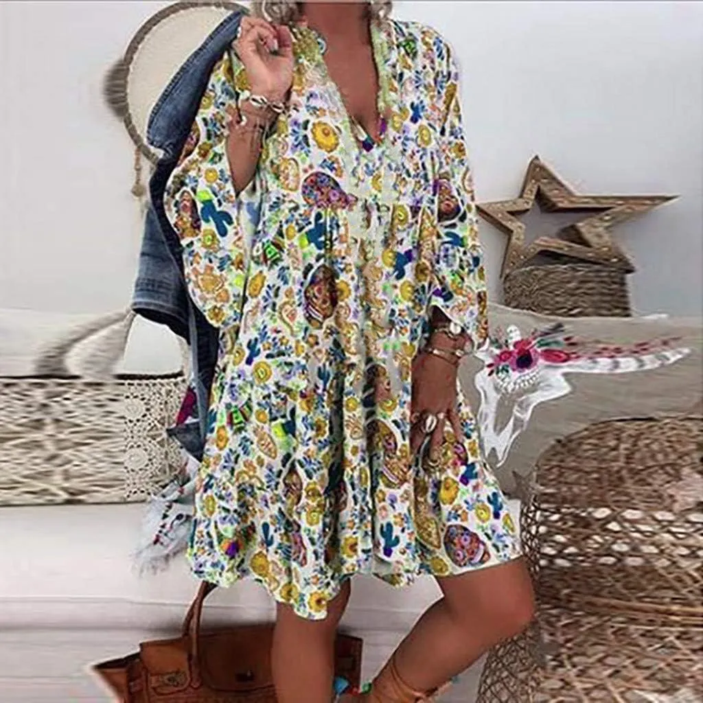 Women Casual Summer Sundress Midi Boho Floral Print Dresses Pretty Long Sleeve V Neck Smocked Ruffle Blouse Dress