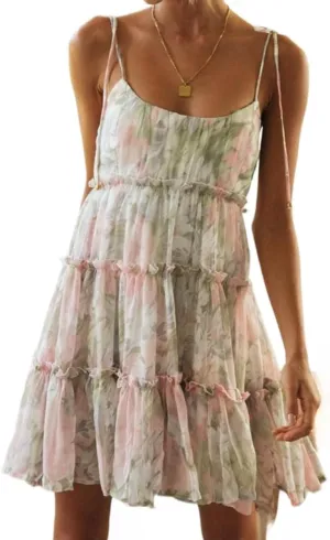 Women Coquette Floral Mini Dress Cute Summer Ruffles Flowy Short Dress Cottagecore Sleeveless Sheer Mesh Sundress