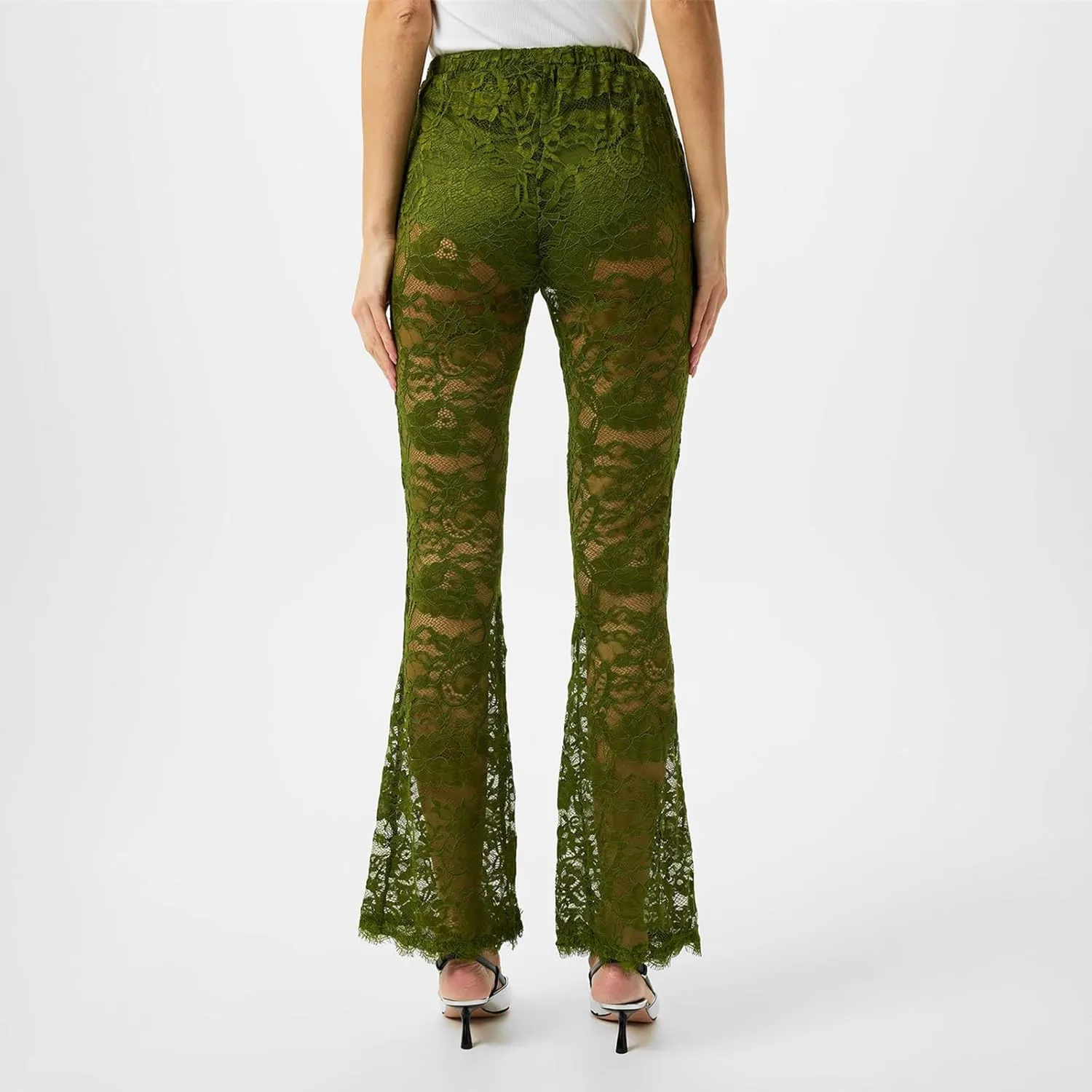 Women Floral Lace Bell Pants Sexy See Through Flare Leg Bottom Y2k High Waist Sheer Mesh Cover Up Trousers