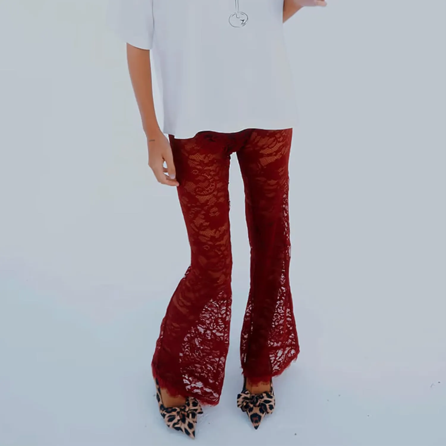 Women Floral Lace Bell Pants Sexy See Through Flare Leg Bottom Y2k High Waist Sheer Mesh Cover Up Trousers