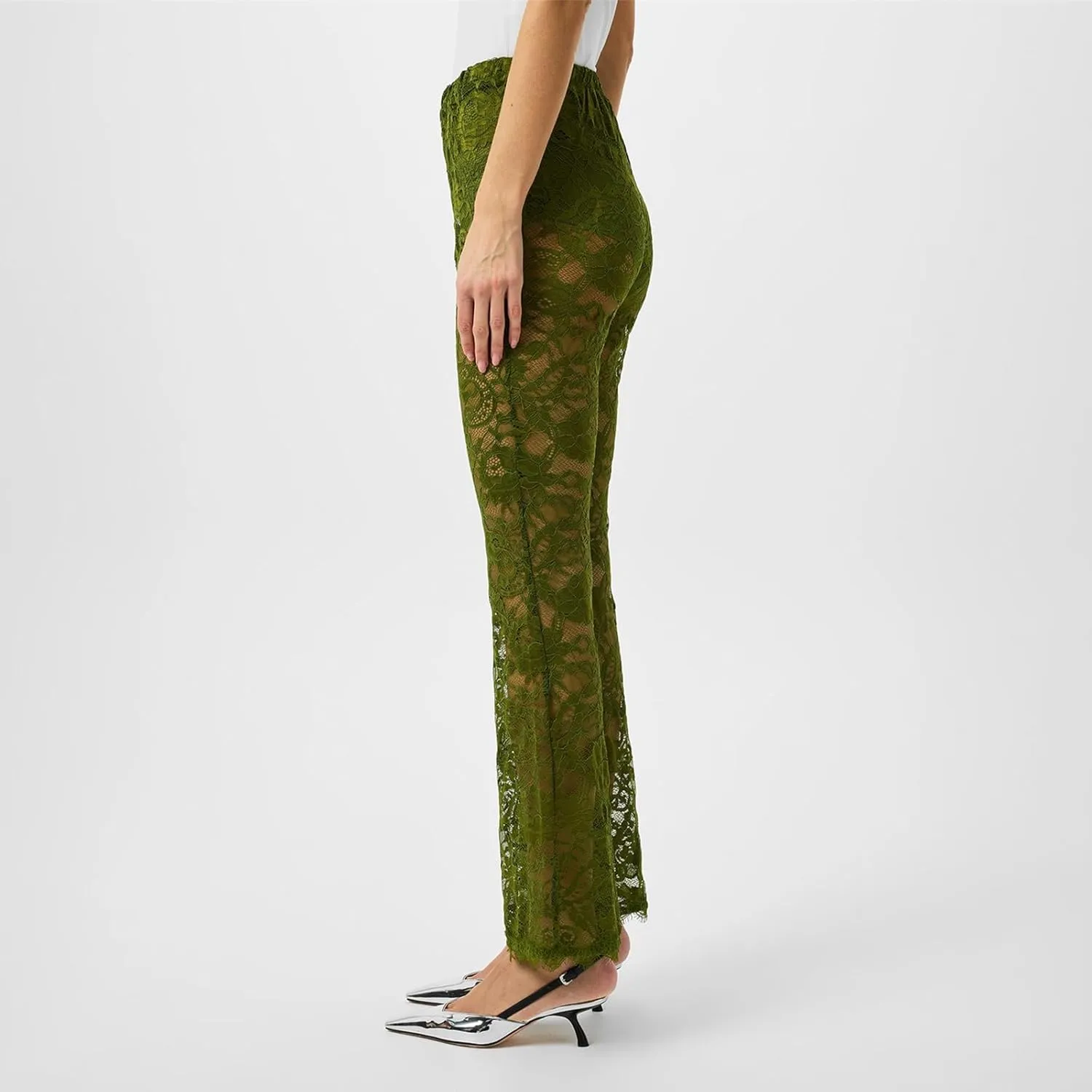 Women Floral Lace Bell Pants Sexy See Through Flare Leg Bottom Y2k High Waist Sheer Mesh Cover Up Trousers
