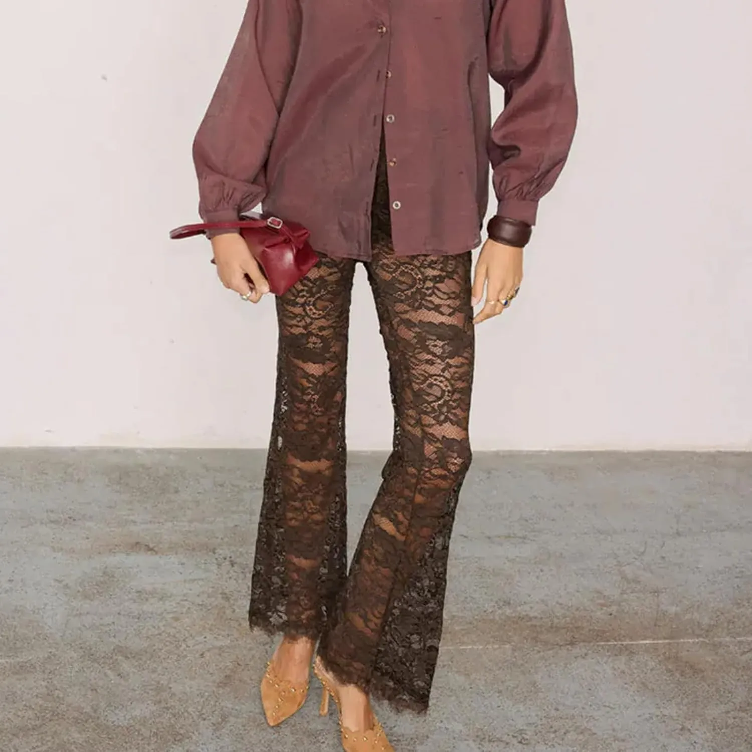 Women Floral Lace Bell Pants Sexy See Through Flare Leg Bottom Y2k High Waist Sheer Mesh Cover Up Trousers