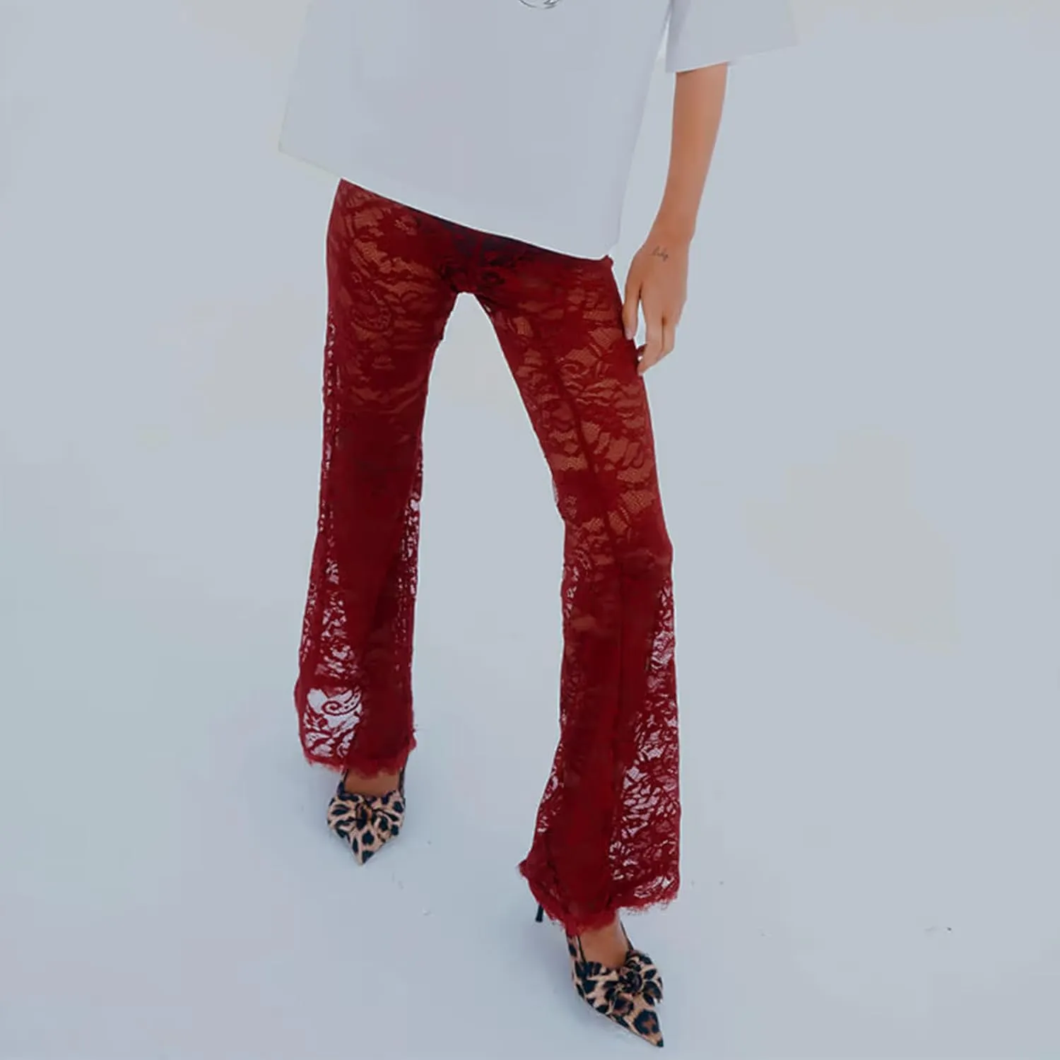 Women Floral Lace Bell Pants Sexy See Through Flare Leg Bottom Y2k High Waist Sheer Mesh Cover Up Trousers