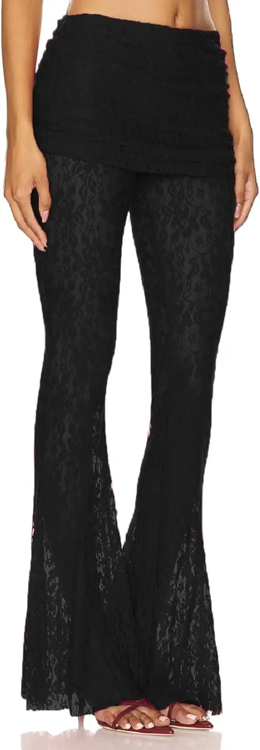 Women Floral Lace Bell Pants Sexy See Through Flare Leg Bottom Y2k High Waist Sheer Mesh Cover Up Trousers