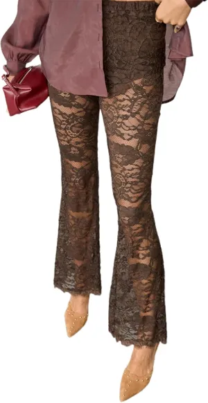 Women Floral Lace Bell Pants Sexy See Through Flare Leg Bottom Y2k High Waist Sheer Mesh Cover Up Trousers