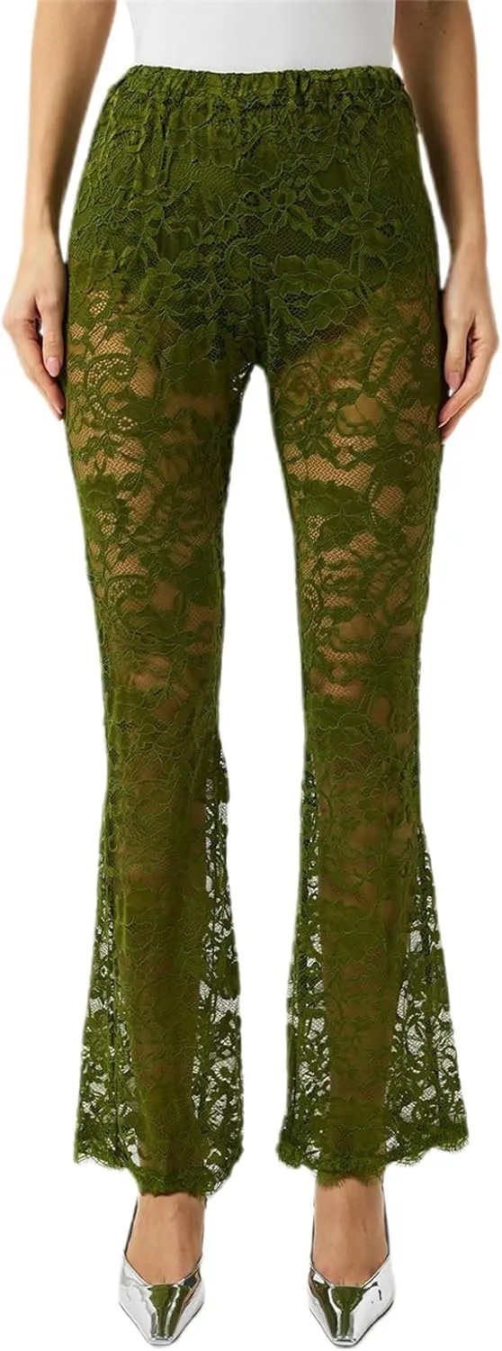 Women Floral Lace Bell Pants Sexy See Through Flare Leg Bottom Y2k High Waist Sheer Mesh Cover Up Trousers