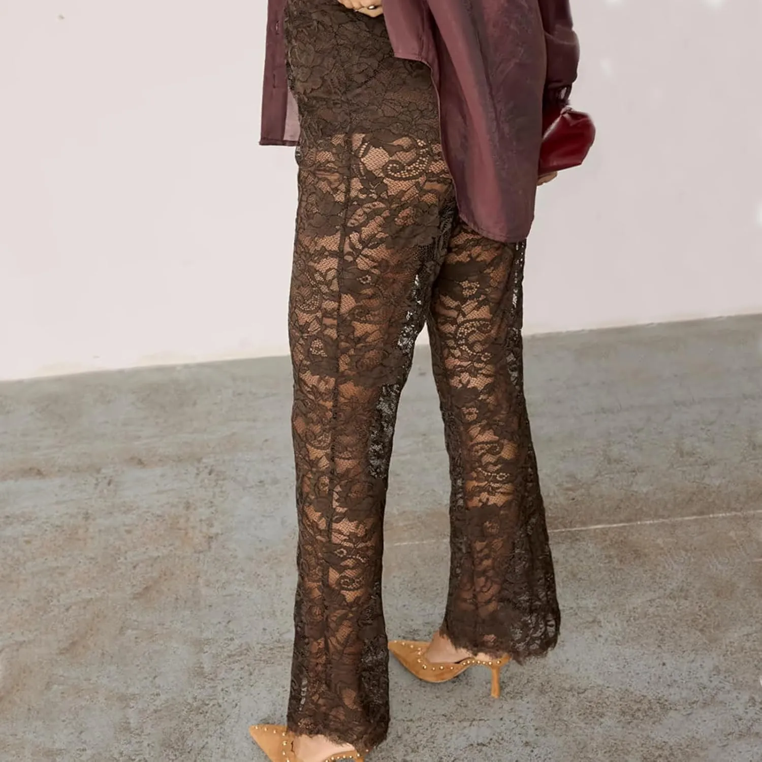 Women Floral Lace Bell Pants Sexy See Through Flare Leg Bottom Y2k High Waist Sheer Mesh Cover Up Trousers