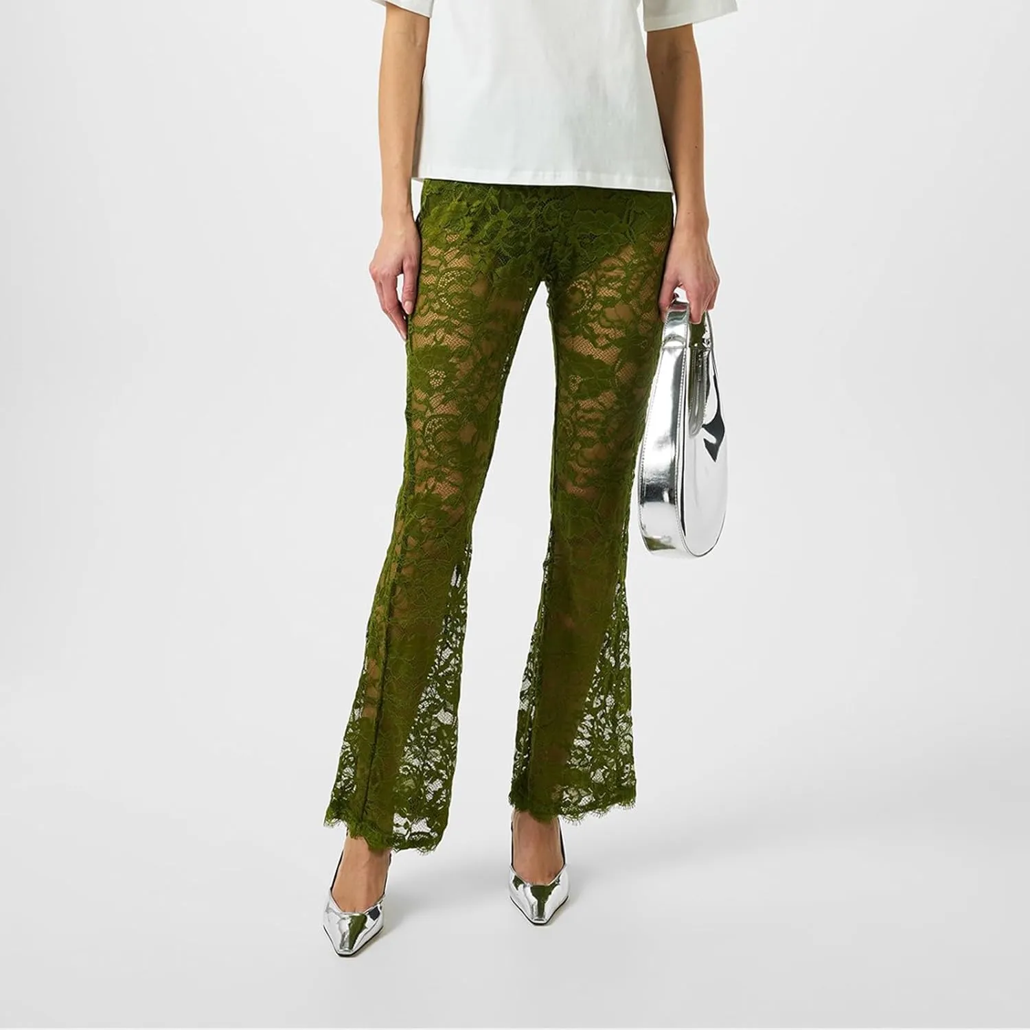Women Floral Lace Bell Pants Sexy See Through Flare Leg Bottom Y2k High Waist Sheer Mesh Cover Up Trousers