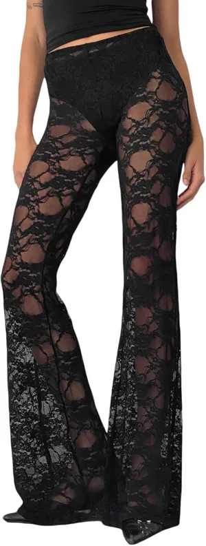 Women Floral Lace Bell Pants Sexy See Through Flare Leg Bottom Y2k High Waist Sheer Mesh Cover Up Trousers