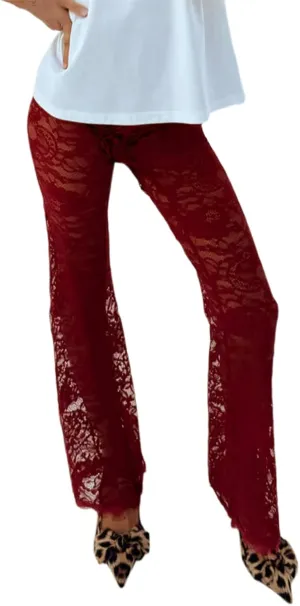 Women Floral Lace Bell Pants Sexy See Through Flare Leg Bottom Y2k High Waist Sheer Mesh Cover Up Trousers