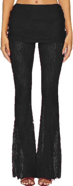 Women Floral Lace Bell Pants Sexy See Through Flare Leg Bottom Y2k High Waist Sheer Mesh Cover Up Trousers