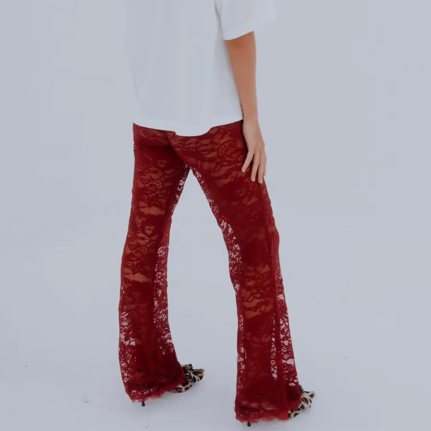 Women Floral Lace Bell Pants Sexy See Through Flare Leg Bottom Y2k High Waist Sheer Mesh Cover Up Trousers