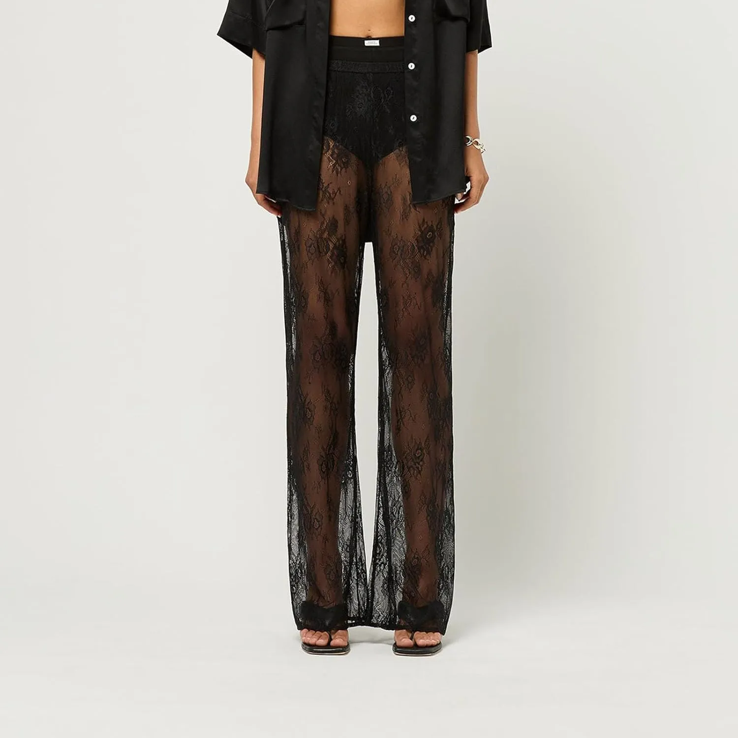Women Floral Lace Bell Pants Sexy See Through Flare Leg Bottom Y2k High Waist Sheer Mesh Cover Up Trousers