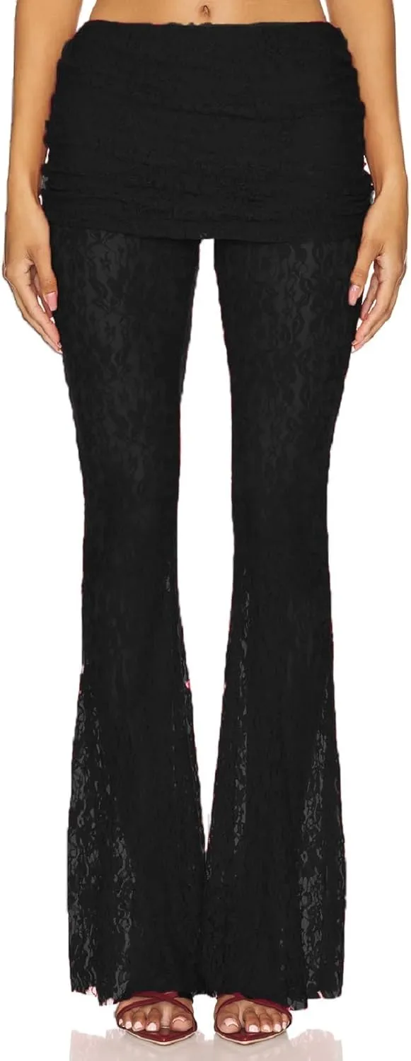 Women Floral Lace Bell Pants Sexy See Through Flare Leg Bottom Y2k High Waist Sheer Mesh Cover Up Trousers
