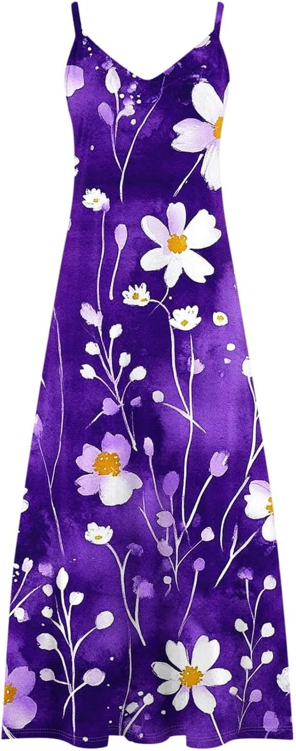 Women Floral Spaghetti Strap Sundress Casual Summer Maxi Dress V Neck Sexy Boho Dresses Trendy Beach Outfits 2025