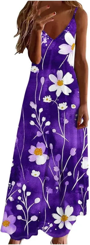 Women Floral Spaghetti Strap Sundress Casual Summer Maxi Dress V Neck Sexy Boho Dresses Trendy Beach Outfits 2025