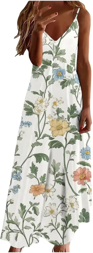 Women Floral Spaghetti Strap Sundress Casual Summer Maxi Dress V Neck Sexy Boho Dresses Trendy Beach Outfits 2025