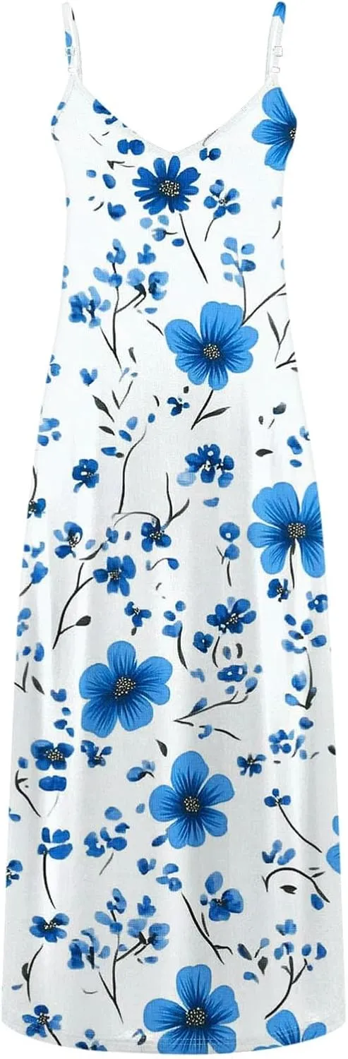 Women Floral Spaghetti Strap Sundress Casual Summer Maxi Dress V Neck Sexy Boho Dresses Trendy Beach Outfits 2025