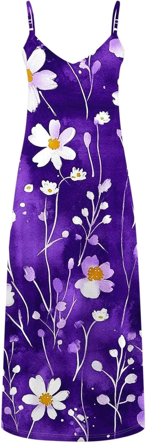Women Floral Spaghetti Strap Sundress Casual Summer Maxi Dress V Neck Sexy Boho Dresses Trendy Beach Outfits 2025