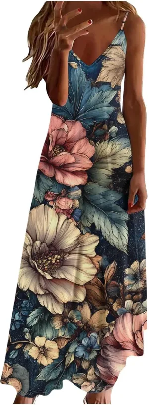 Women Floral Spaghetti Strap Sundress Casual Summer Maxi Dress V Neck Sexy Boho Dresses Trendy Beach Outfits 2025