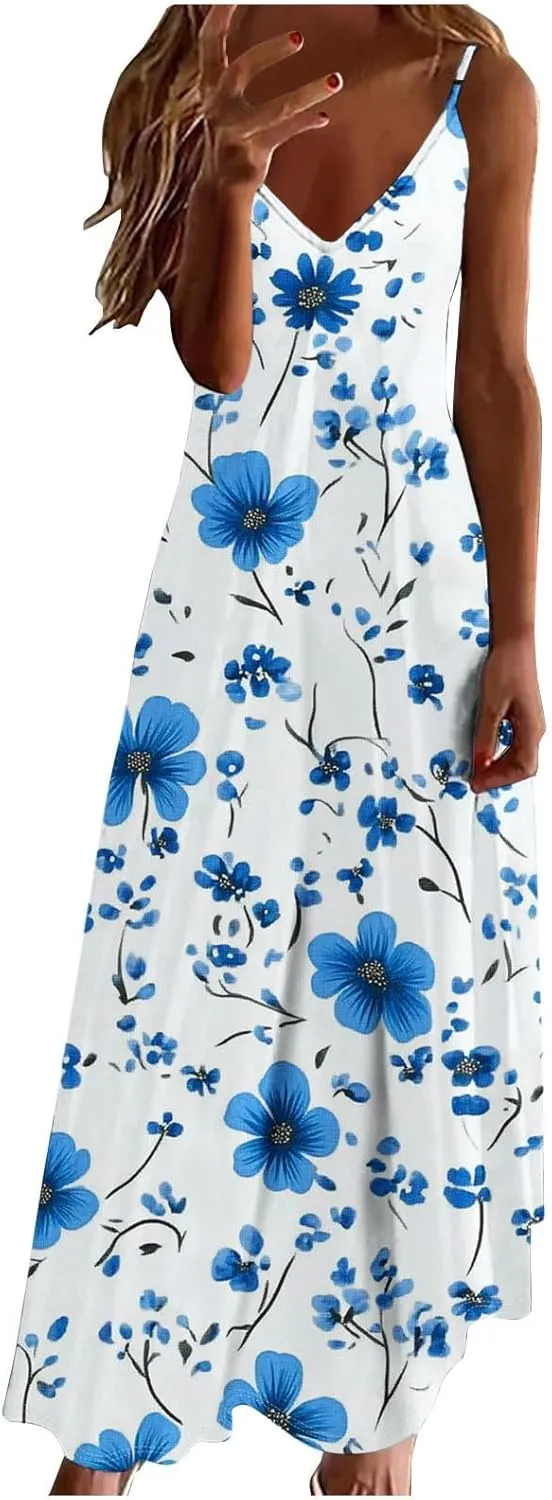 Women Floral Spaghetti Strap Sundress Casual Summer Maxi Dress V Neck Sexy Boho Dresses Trendy Beach Outfits 2025
