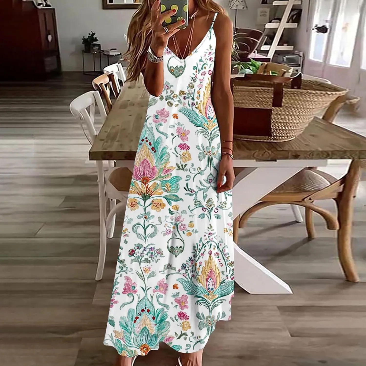 Women Floral Spaghetti Strap Sundress Casual Summer Maxi Dress V Neck Sexy Boho Dresses Trendy Beach Outfits 2025