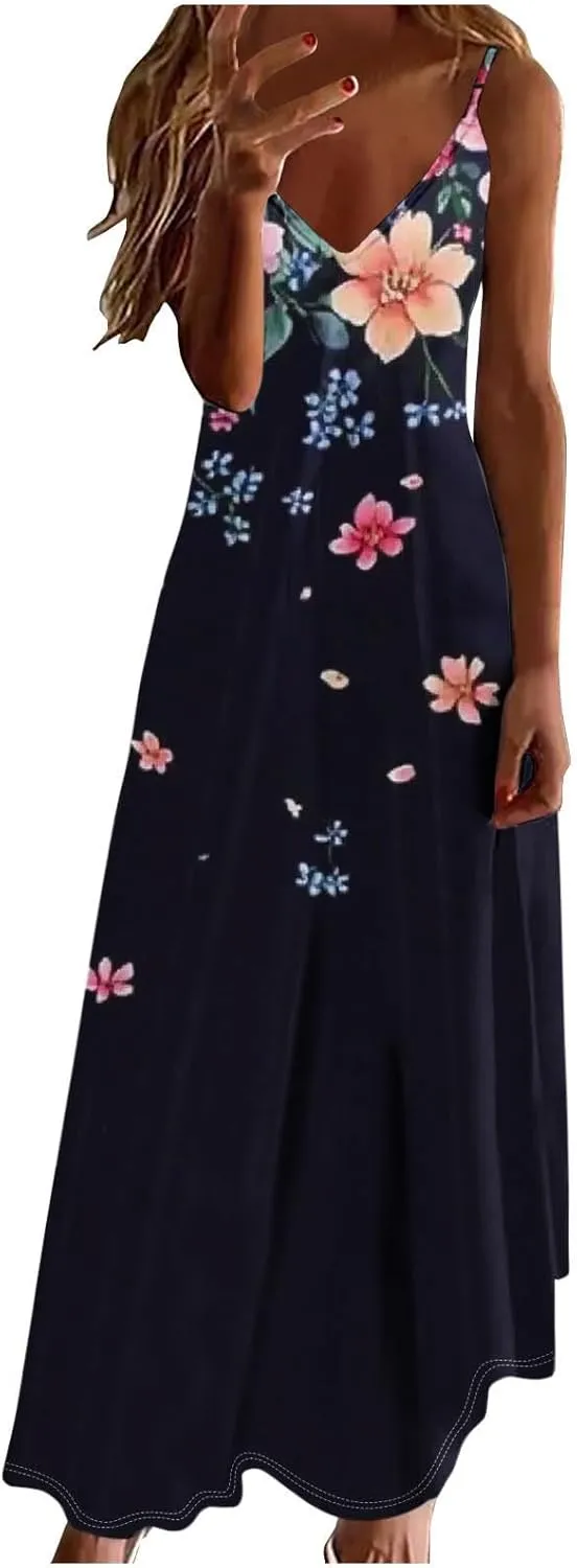 Women Floral Spaghetti Strap Sundress Casual Summer Maxi Dress V Neck Sexy Boho Dresses Trendy Beach Outfits 2025