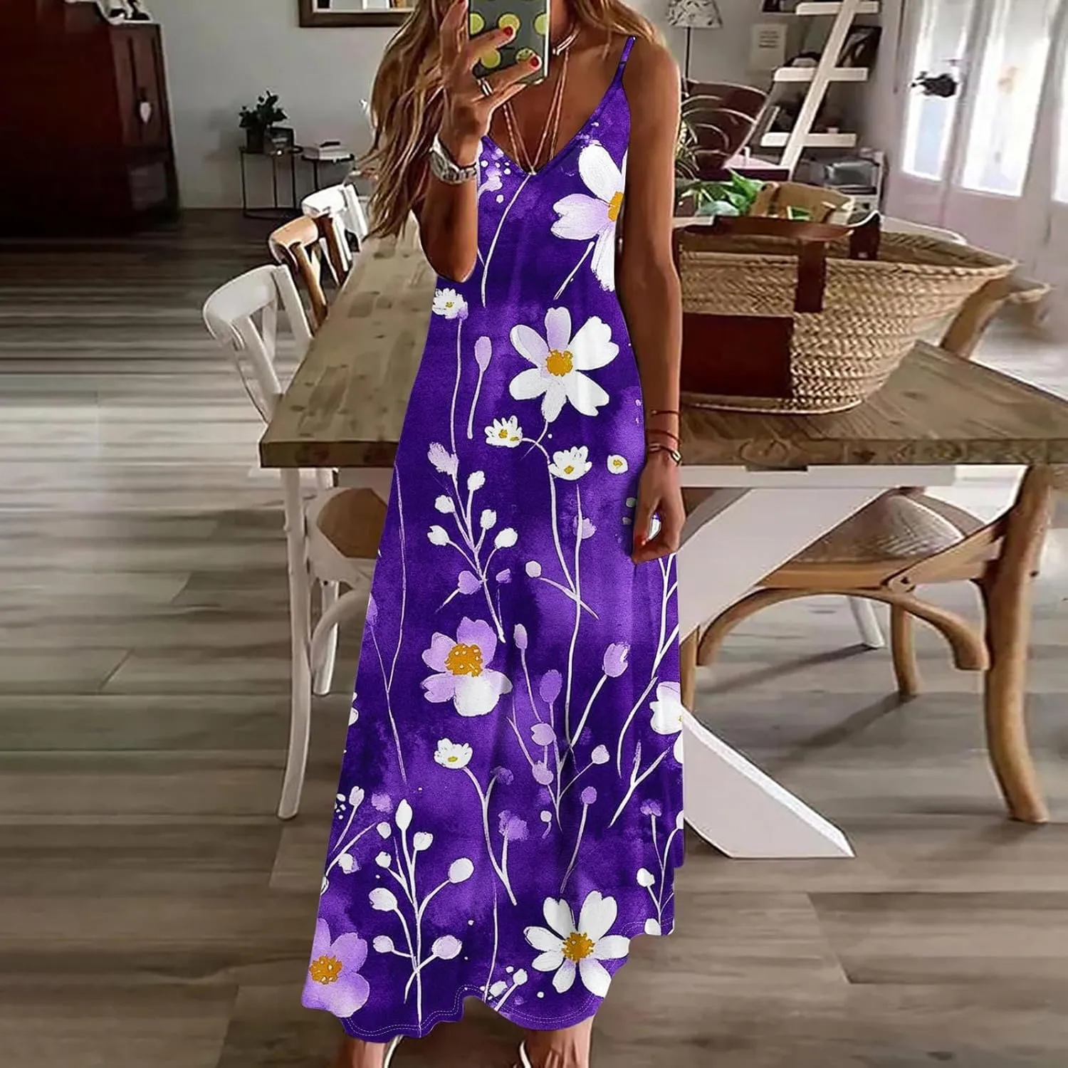 Women Floral Spaghetti Strap Sundress Casual Summer Maxi Dress V Neck Sexy Boho Dresses Trendy Beach Outfits 2025