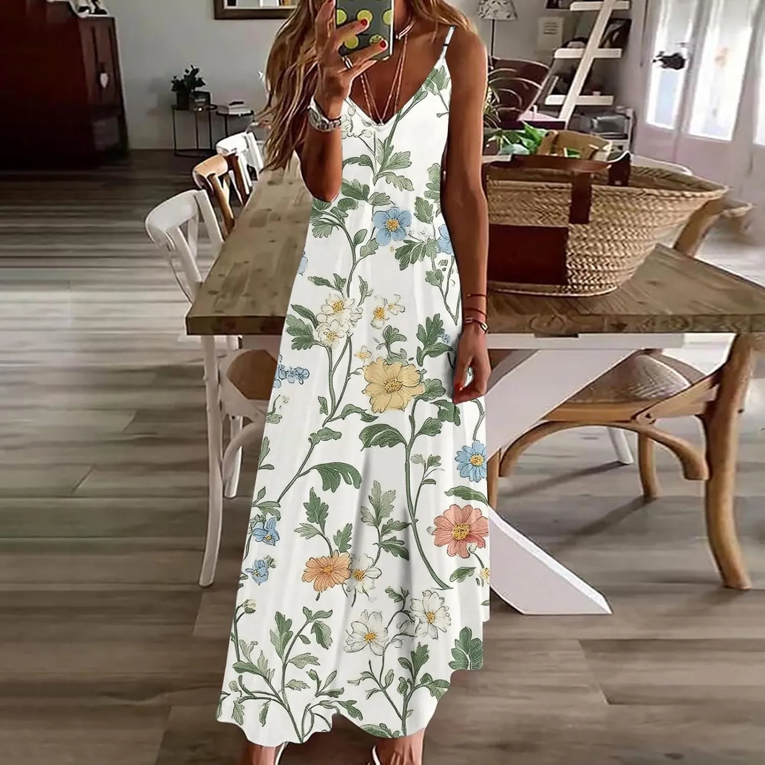 Women Floral Spaghetti Strap Sundress Casual Summer Maxi Dress V Neck Sexy Boho Dresses Trendy Beach Outfits 2025