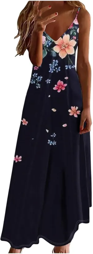 Women Floral Spaghetti Strap Sundress Casual Summer Maxi Dress V Neck Sexy Boho Dresses Trendy Beach Outfits 2025