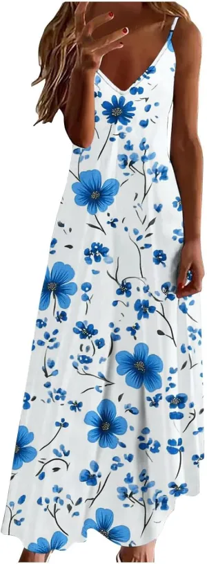 Women Floral Spaghetti Strap Sundress Casual Summer Maxi Dress V Neck Sexy Boho Dresses Trendy Beach Outfits 2025