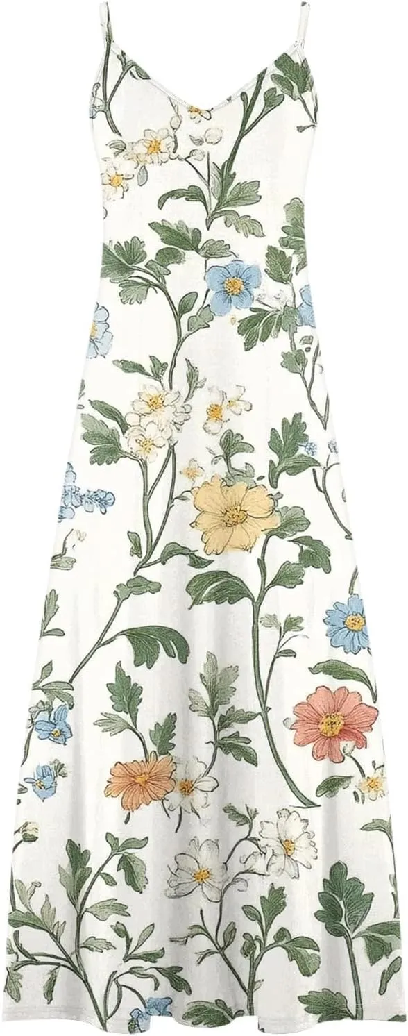 Women Floral Spaghetti Strap Sundress Casual Summer Maxi Dress V Neck Sexy Boho Dresses Trendy Beach Outfits 2025