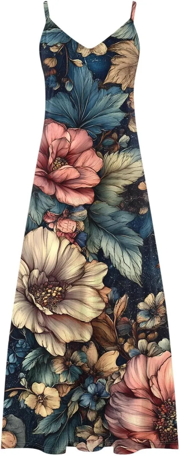 Women Floral Spaghetti Strap Sundress Casual Summer Maxi Dress V Neck Sexy Boho Dresses Trendy Beach Outfits 2025