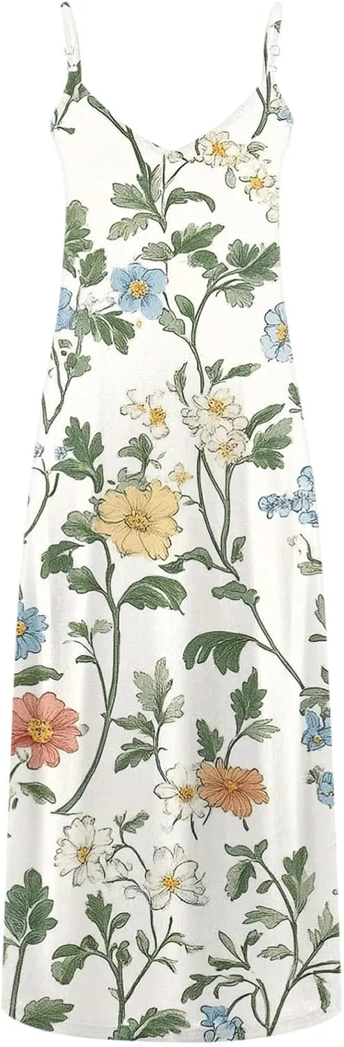 Women Floral Spaghetti Strap Sundress Casual Summer Maxi Dress V Neck Sexy Boho Dresses Trendy Beach Outfits 2025
