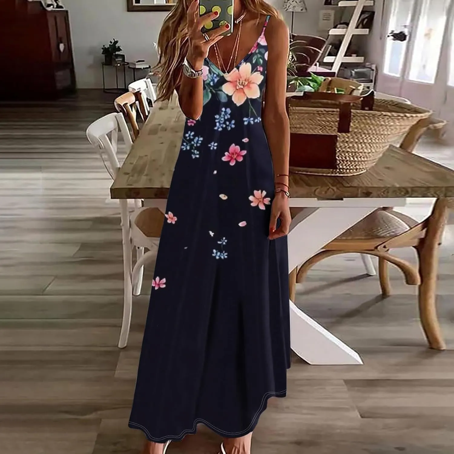 Women Floral Spaghetti Strap Sundress Casual Summer Maxi Dress V Neck Sexy Boho Dresses Trendy Beach Outfits 2025