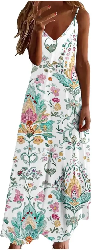Women Floral Spaghetti Strap Sundress Casual Summer Maxi Dress V Neck Sexy Boho Dresses Trendy Beach Outfits 2025