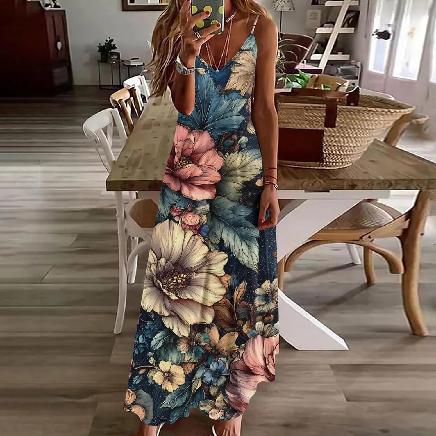Women Floral Spaghetti Strap Sundress Casual Summer Maxi Dress V Neck Sexy Boho Dresses Trendy Beach Outfits 2025