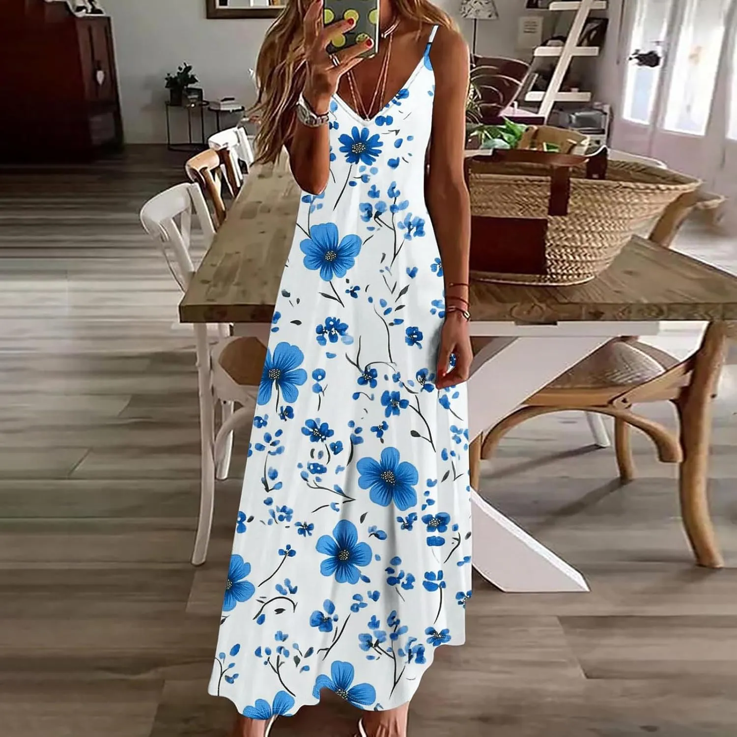 Women Floral Spaghetti Strap Sundress Casual Summer Maxi Dress V Neck Sexy Boho Dresses Trendy Beach Outfits 2025