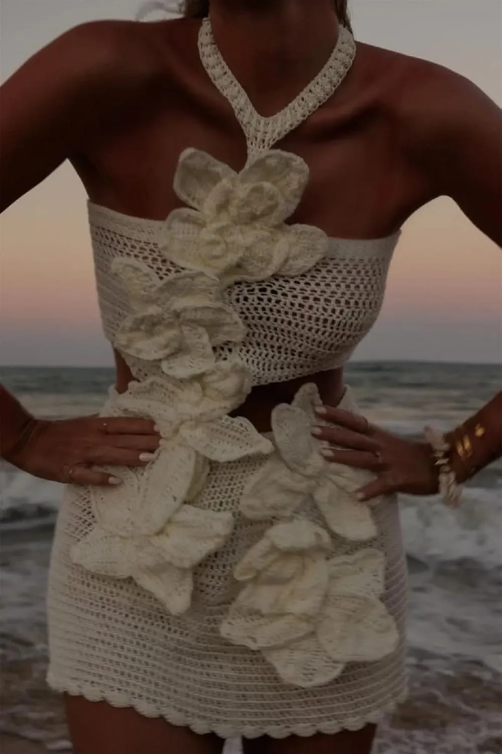 Women Halter Hollow Out Knitted Mini Dress Sexy Cut Out Tie Back Crochet Dresses Y2k Bodycon Summer Beachwear