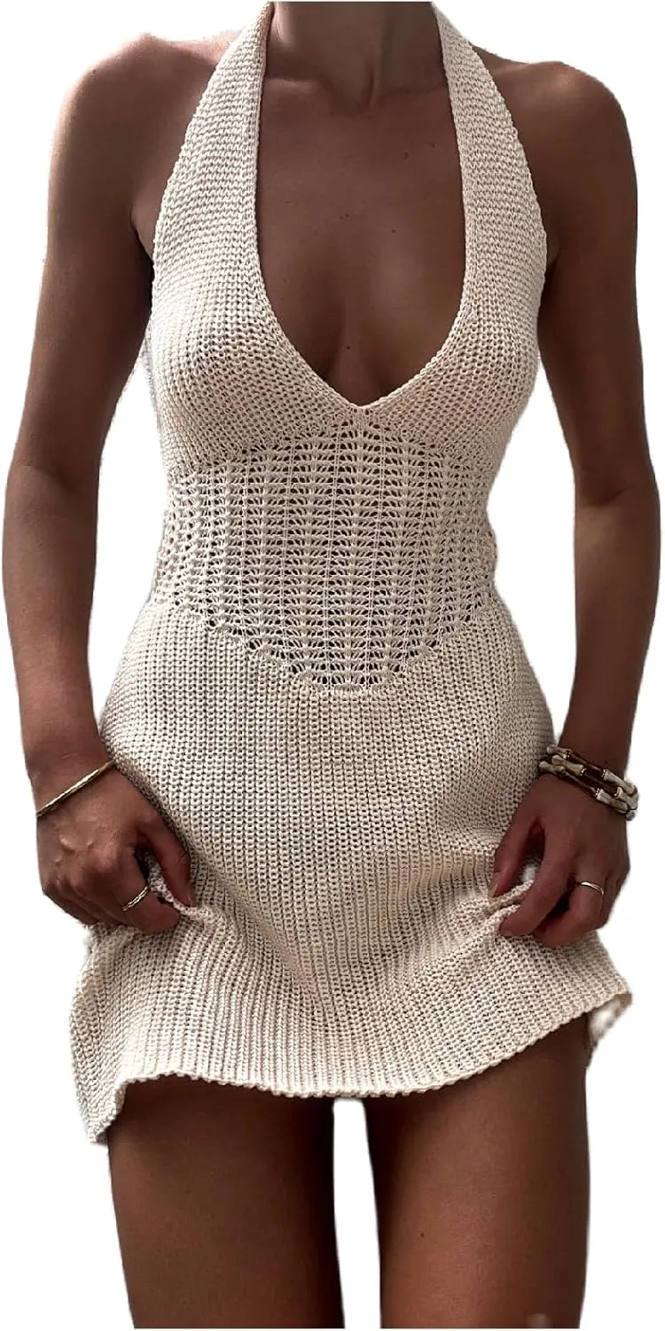 Women Halter Hollow Out Knitted Mini Dress Sexy Cut Out Tie Back Crochet Dresses Y2k Bodycon Summer Beachwear