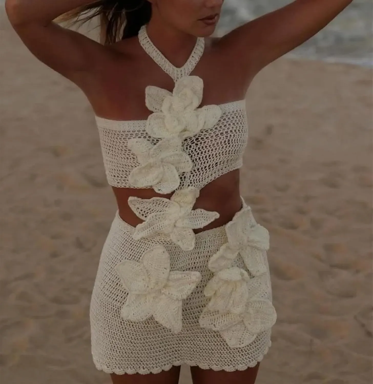 Women Halter Hollow Out Knitted Mini Dress Sexy Cut Out Tie Back Crochet Dresses Y2k Bodycon Summer Beachwear