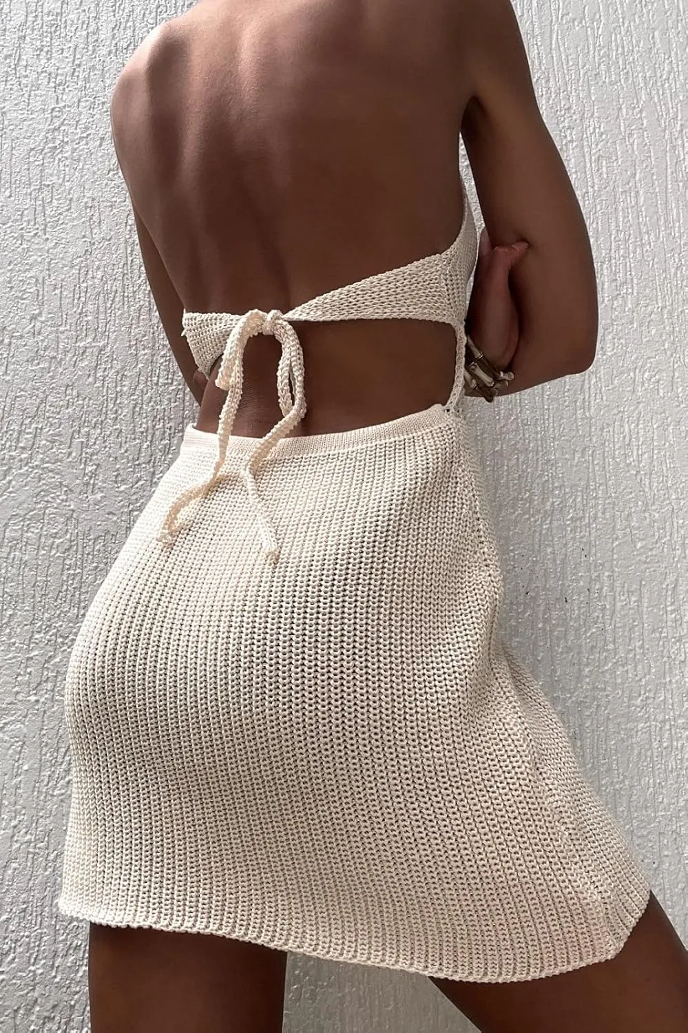 Women Halter Hollow Out Knitted Mini Dress Sexy Cut Out Tie Back Crochet Dresses Y2k Bodycon Summer Beachwear